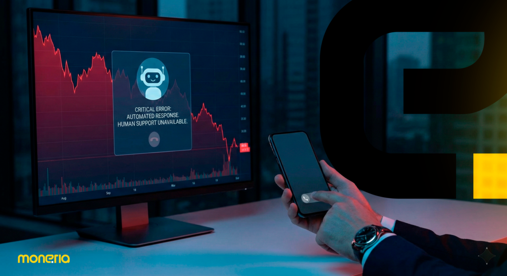 Executivo diante de monitor com gráfico de queda financeira e erro de suporte automatizado indisponível, ilustrando falha de resiliência.