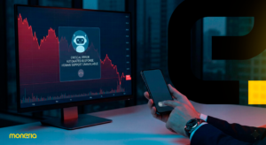 Executivo diante de monitor com gráfico de queda financeira e erro de suporte automatizado indisponível, ilustrando falha de resiliência.