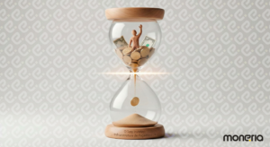 Ampulheta com moedas presas no gargalo representando o teto invisível na infraestrutura de pagamentos