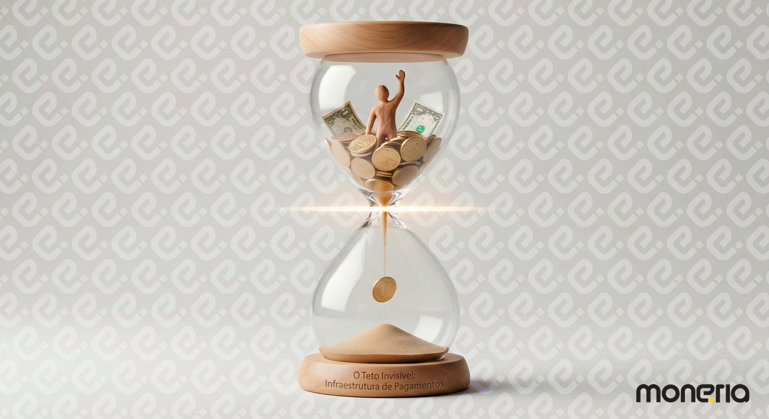Ampulheta com moedas presas no gargalo representando o teto invisível na infraestrutura de pagamentos